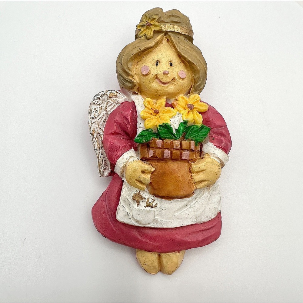 Vintage 90s Angel Brooch Gardener Girl Pink Dress Yellow Flowers Pin Jewelry Y2K